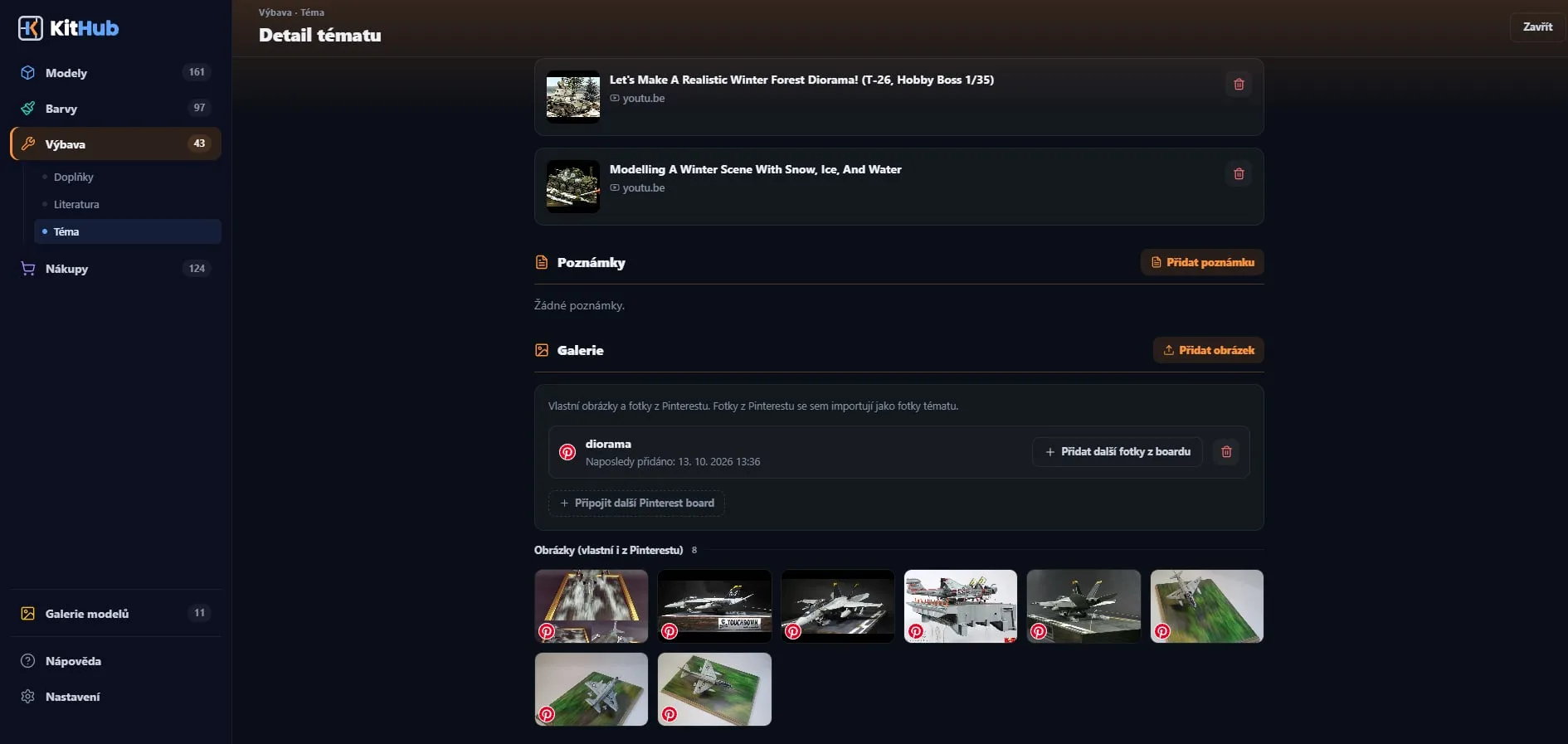 Detail Tématu s odkazy na videa a fotkami importovanými z Pinterestu