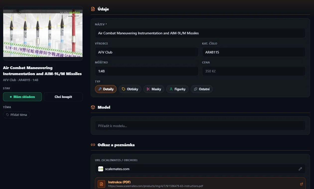 Detail doplňku s údaji, stavem a přiřazením k modelu