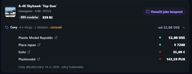Rozbalený seznam e-shopů s cenami a dostupností
